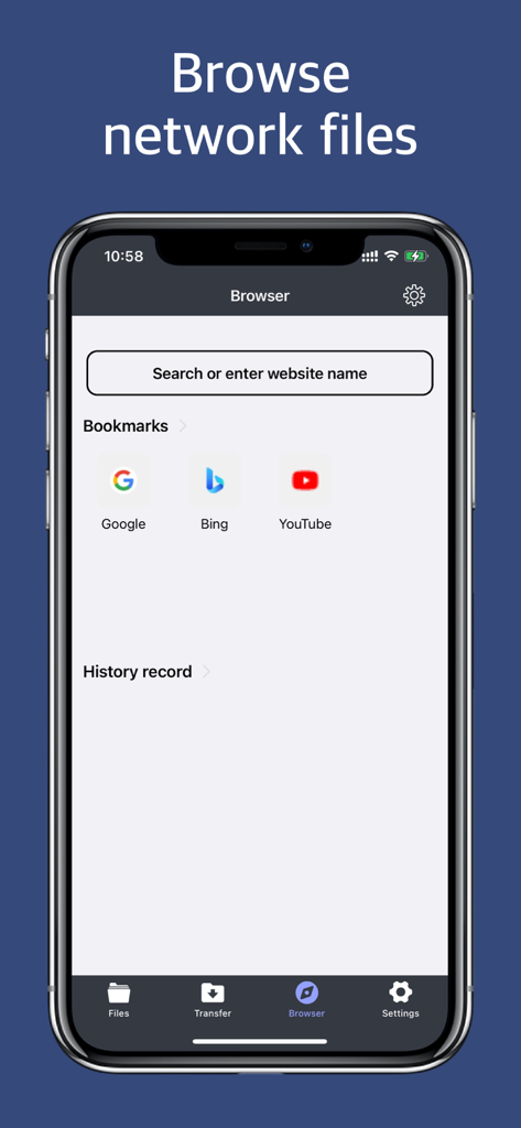 File Master - document manager - Captura de pantalla de la aplicación File Master mostrando su navegador web integrado con barra de búsqueda y marcadores para Google, Bing y YouTube.