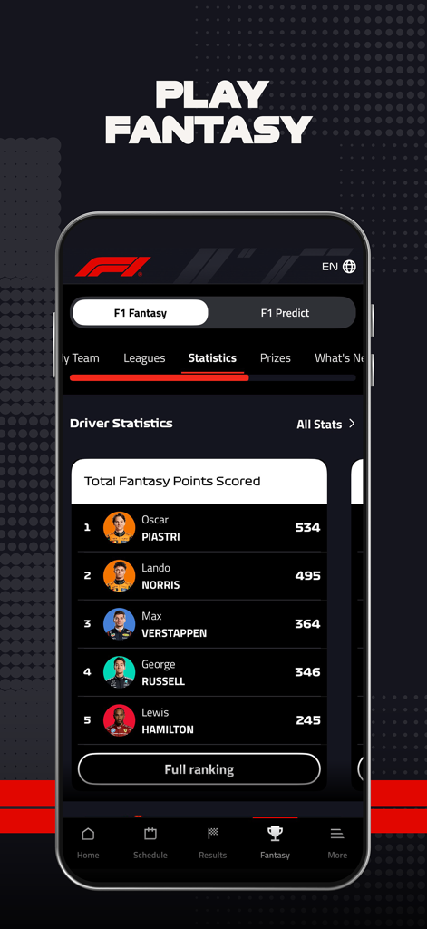 Classement des pilotes F1 Fantasy et tableau des points totaux dans l'application mobile Formula 1
