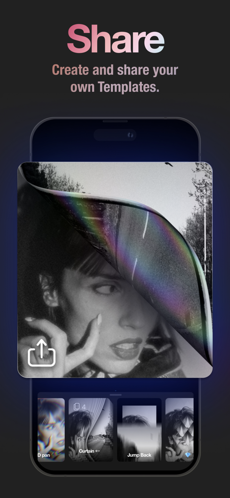 Video Effects Editor: Riveo - Riveo app screen demonstrating the ability to create and share custom video templates with professional effects