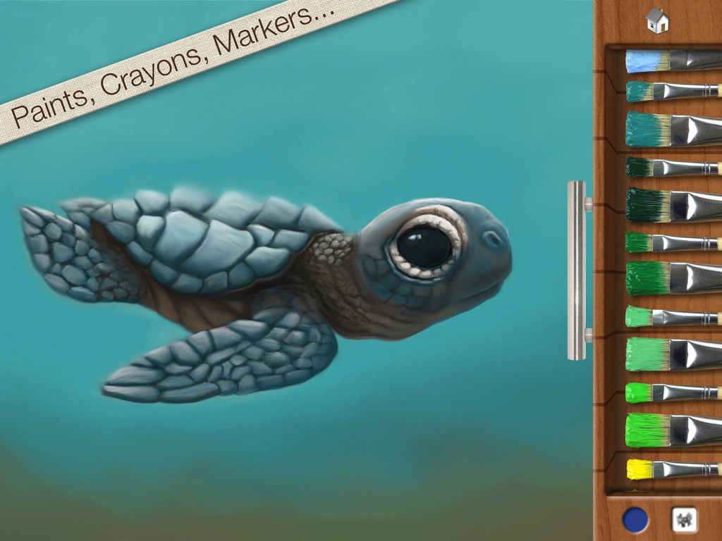 Drawing Pad - A digital painting of a baby sea turtle in the Drawing Pad app featuring a wooden drawer with various colored paintbrushes.