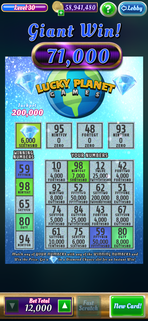 Scratch Off Lottery Casino - Message de gros gain sur un ticket à gratter sur le thème des diamants dans l'application Casino de Loterie à Gratter.