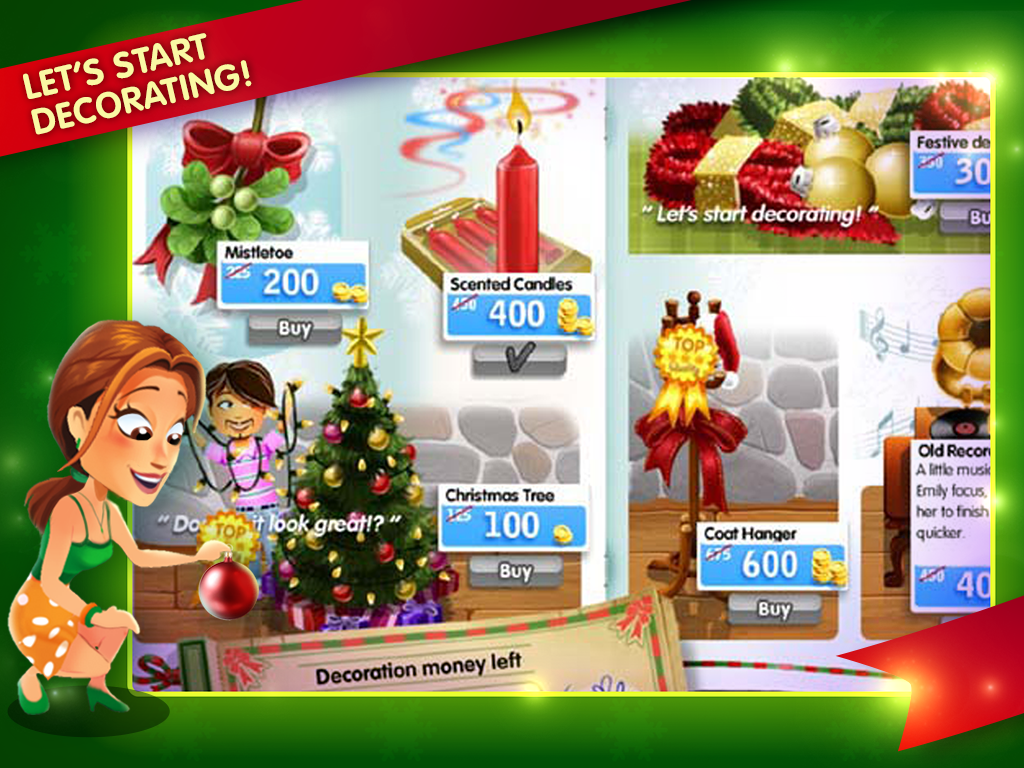 In-game menu for Delicious Emily's Holiday Season featuring various Christmas decorations to purchase.