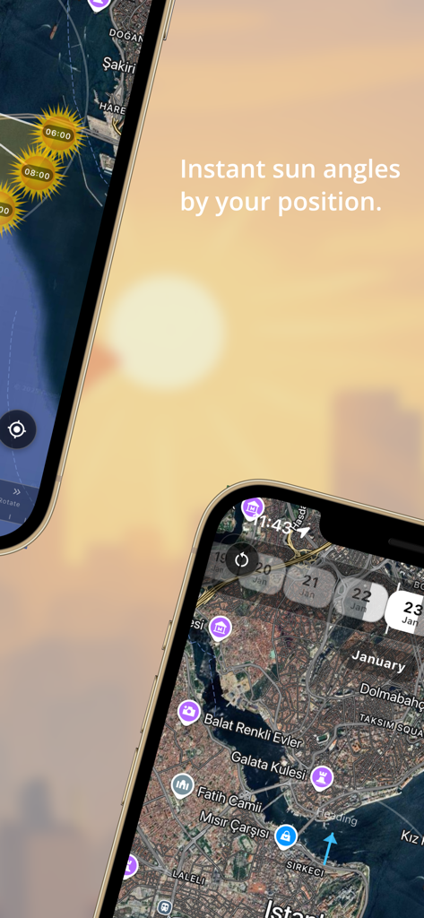 Sun Angle Pro - Una captura de pantalla de la aplicación Sun Angle Pro que muestra trayectorias de sol y ángulos de ubicación en un mapa móvil