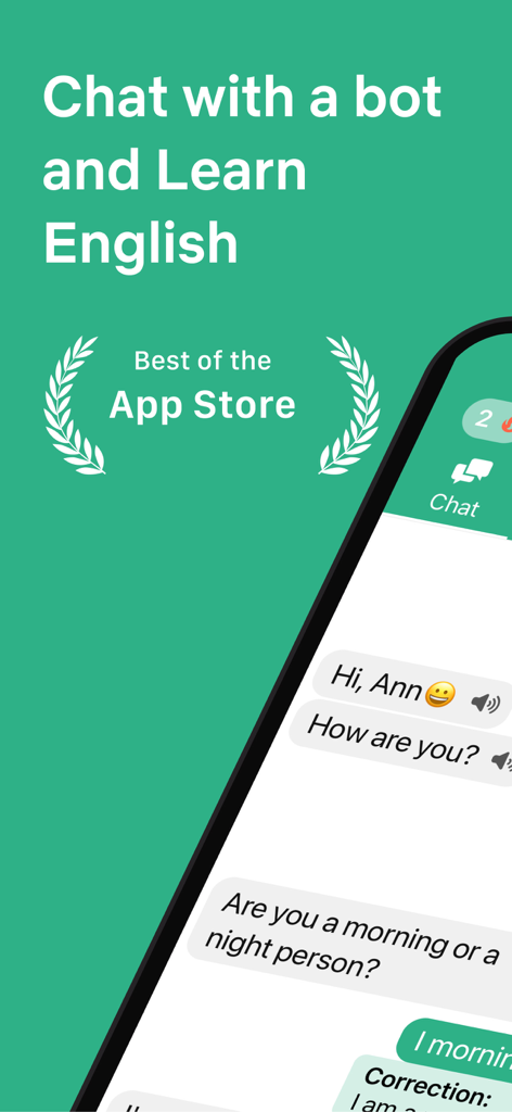 Andy English Language Learning - AIボットとのチャットと文法添削機能を表示するアンディ英会話アプリのインターフェース