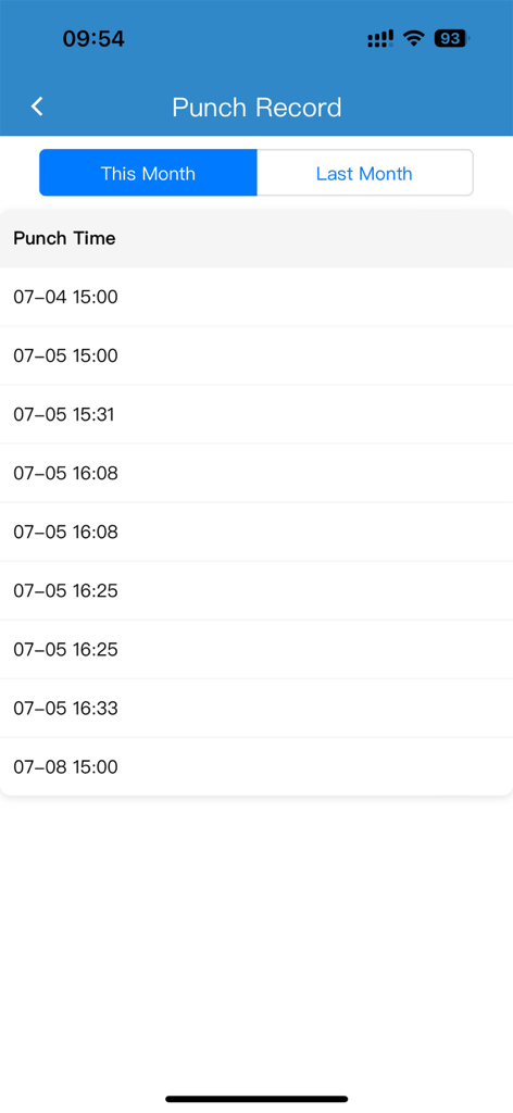 月間の従業員勤怠時間を表示するパンチ記録画面。