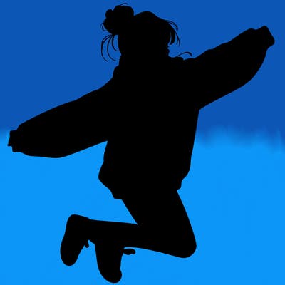 realistic girl jumping with a bun and oversized sweatshirt