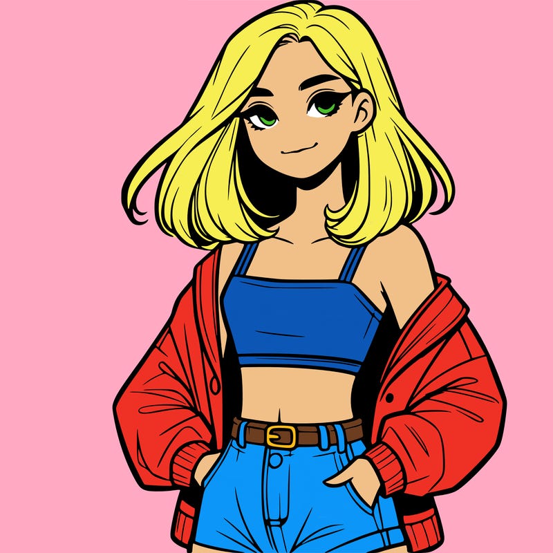 a realistic girl with a crop top and short shorts in an open jacket