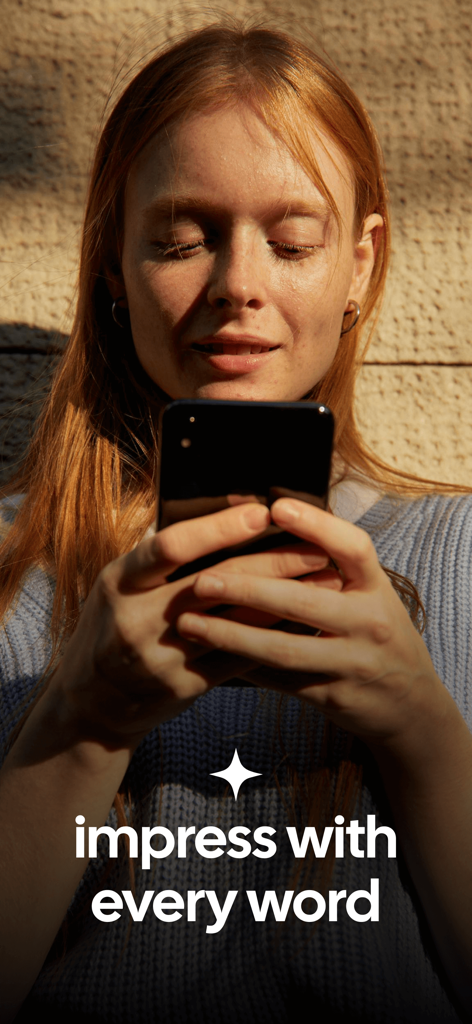 Woto - AI Texting Assistant - A young woman smiling while looking at her smartphone with the text impress with every word