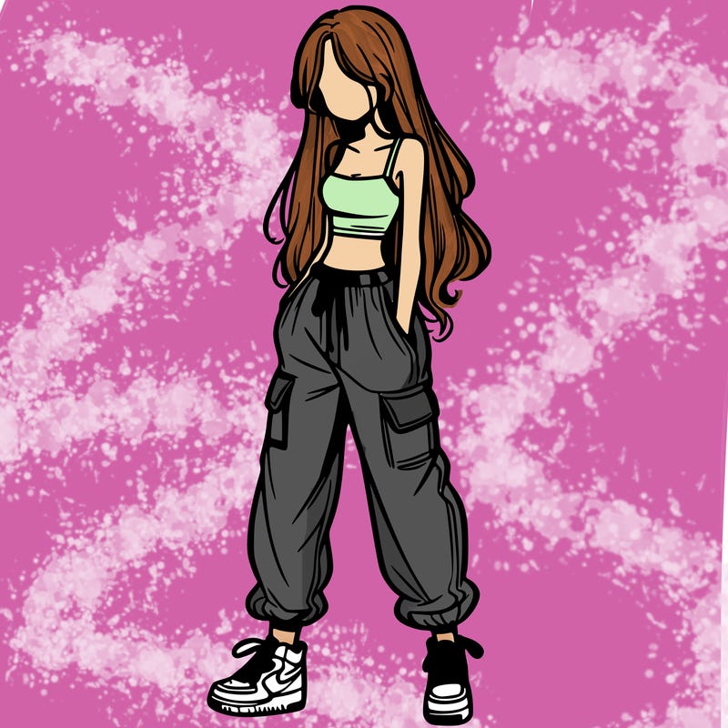 girl in baggy pants crop top and long hair