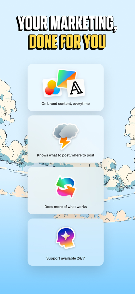 Blaze AI - Écran de l'application Blaze AI mettant en évidence les fonctionnalités de marketing automatisé, y compris la création de contenu de marque et le support 24h/24 et 7j/7