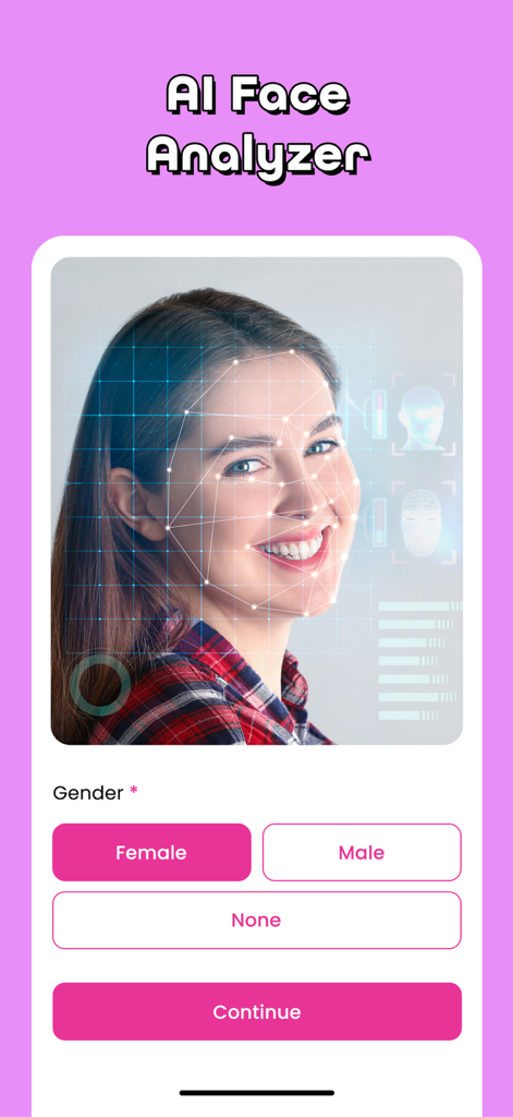 Star by Face·Celeb Lookalike - Pantalla de la app Star by Face que muestra un analizador facial con IA con un escaneo digital sobre el rostro de una mujer sonriente y opciones de selección de género