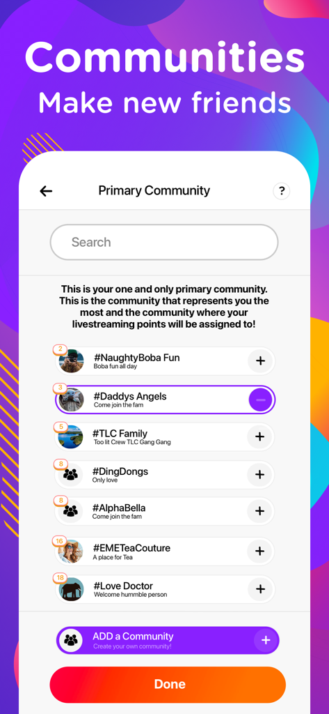 EME Hive - Dating, Go Live - A screenshot of the EME Hive app showing the Primary Community selection screen with various interest based groups for users to join