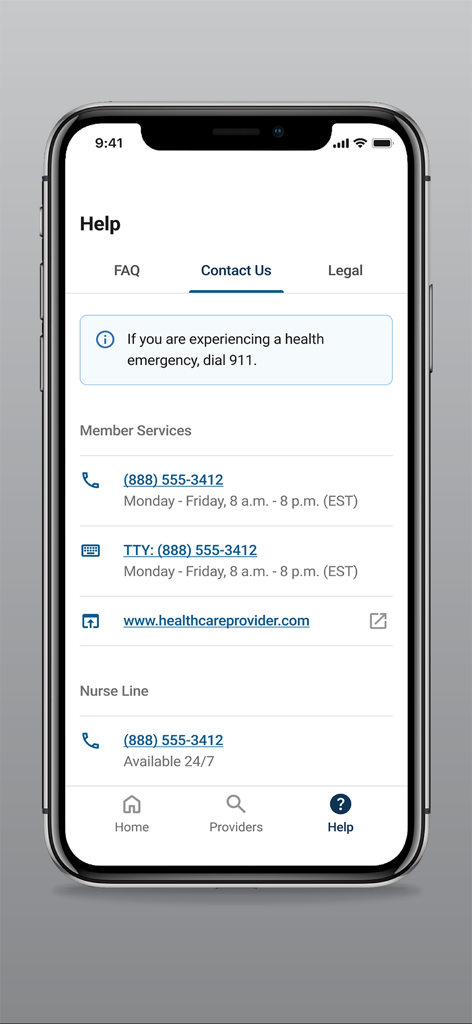 Contact screen of the Health Insurance Portal app displaying member services and nurse line phone numbers