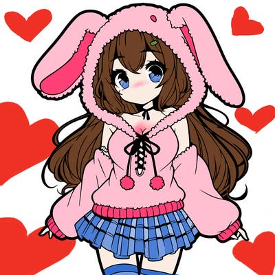 pretty anime girl wearing a fluffy hoodie with bunny ears on the hood and a skirt