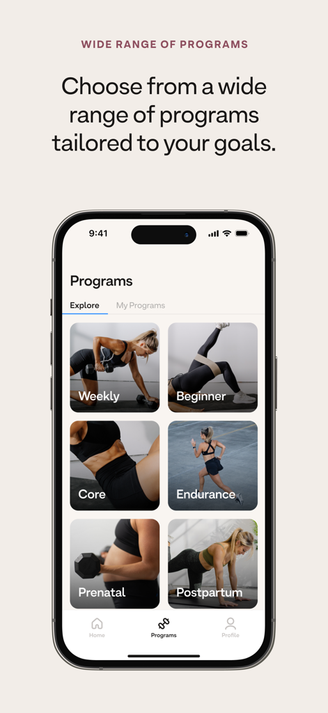 MOVES by Madeline app interface showing various fitness programs for women including prenatal and postpartum options