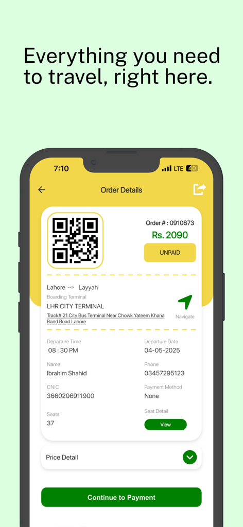 Baloch Transport - A mobile screen showing bus ticket order details with a QR code and travel information for Baloch Transport