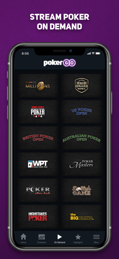 Pantalla de la aplicación móvil PokerGO con contenido a la carta para los principales torneos de póker y programas originales