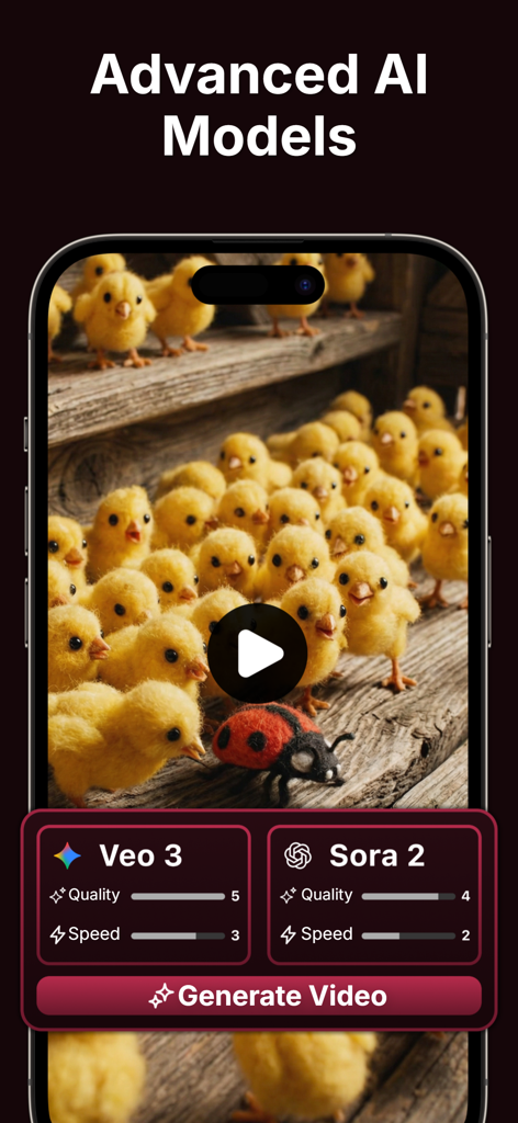 Clipro - AI Video Maker - Interface do aplicativo Clipro exibindo os modelos avançados de IA Veo 3 e Sora 2 para geração de vídeo.