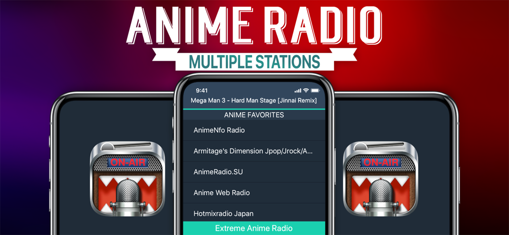 Anime Radio+ - Interfaz de la aplicación Anime Radio plus que muestra una lista de estaciones de radio favoritas de anime y J-pop en un smartphone