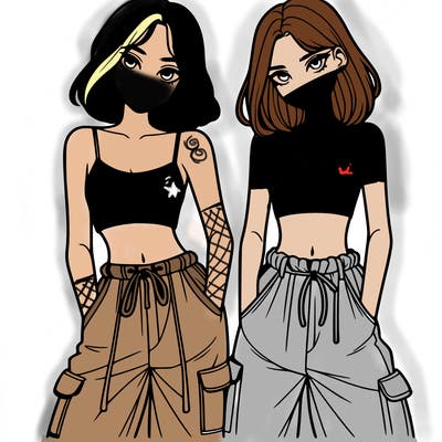 two girls with crop top with baggy pants