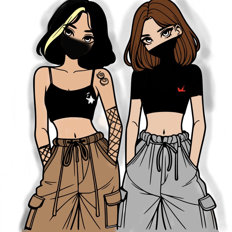 two girls with crop top with baggy pants