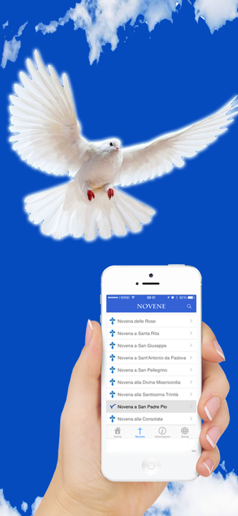 Novene - Uma mão segurando um telefone exibindo orações católicas do aplicativo Novene com uma pomba branca ao fundo