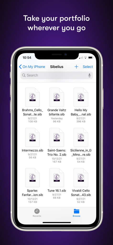 Sibelius - Sibelius mobile app file manager showing a list of music notation projects on an iPhone