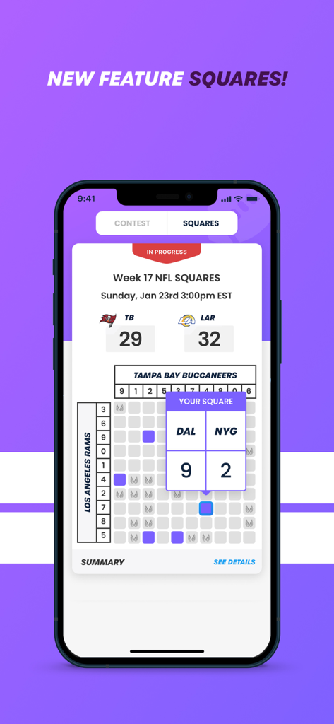 A mobile app interface displaying a sports prediction squares game for an NFL match between the Tampa Bay Buccaneers and Los Angeles Rams.