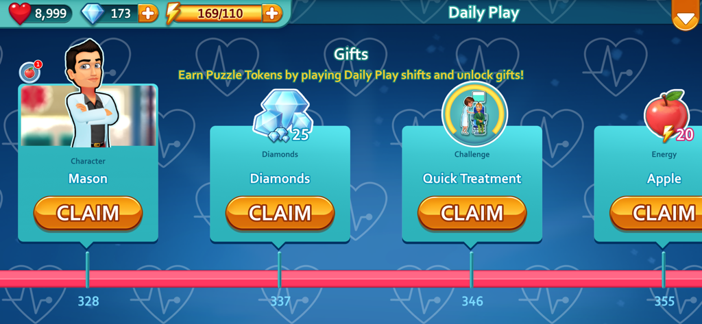 Heart's Medicine - Doctor Game - Bildschirm für tägliche Spielbelohnungen in Hearts Medicine, der einlösbare Geschenke wie Diamanten und Energie zeigt.