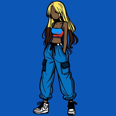 girl in baggy pants crop top and long hair