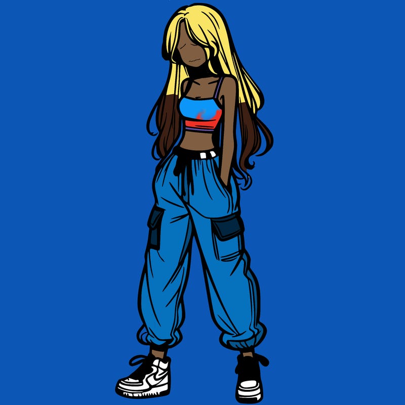 girl in baggy pants crop top and long hair