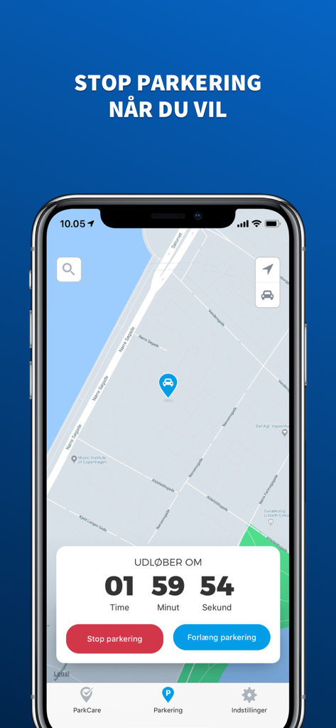 ParkZone Go - Med ParkCare - ParkZone Go app screen showing a live parking session with a countdown timer and map.