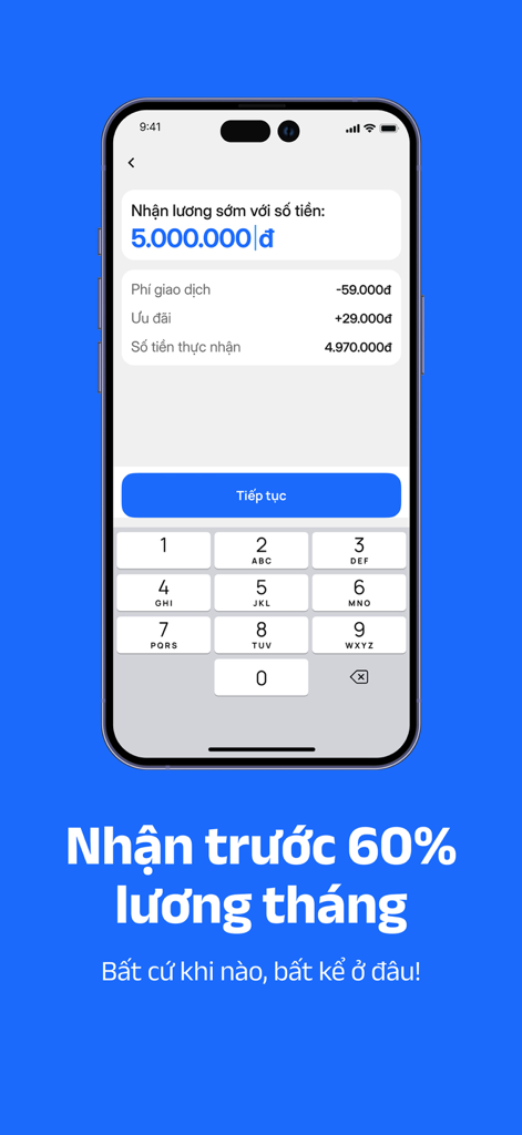 GIMO mobile app interface showing a salary advance request screen with transaction details and numeric keypad