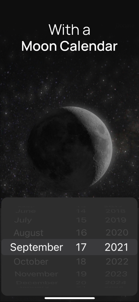 MOON - Current Moon Phase - Un'interfaccia di calendario lunare che mostra l'illuminazione lunare per il 17 settembre 2021 su uno sfondo stellato.