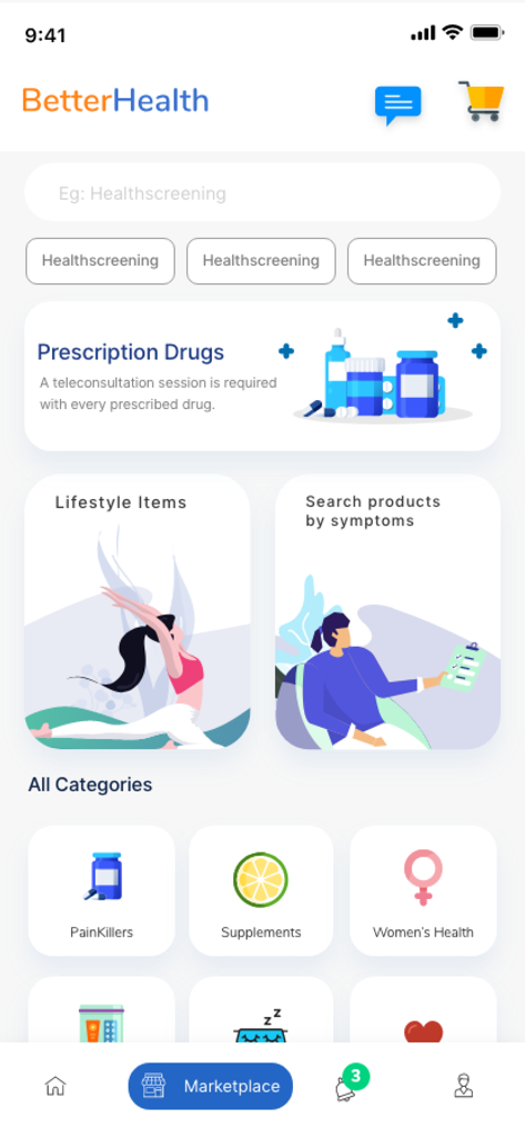 MHC BetterHealth app marketplace showing healthcare products and services categories