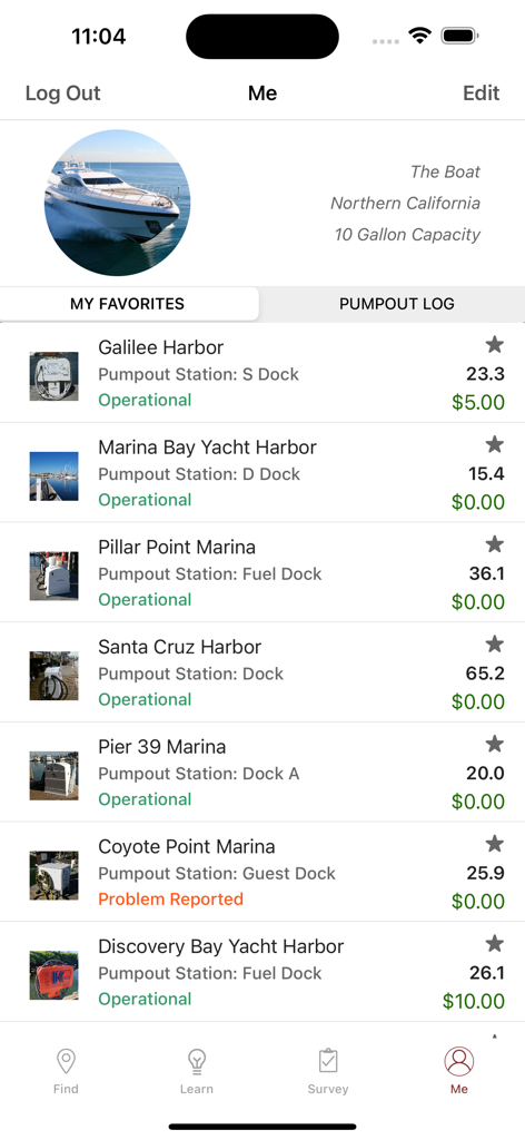 Pumpout Nav - User profile page in the Pumpout Nav app showing a list of favorite marina pumpout stations with their operational status and pricing