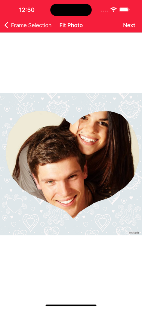 Love Photo Frames & Collage - A smiling couple photo fitted inside a heart shaped frame in the Love Photo Frames and Collage app editing screen.