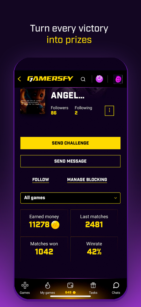 Gamersfy - Gamersfy app user profile screen showing player stats like earned money and win rate