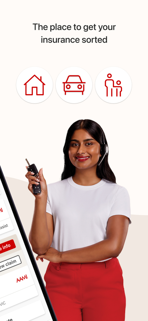 AAMI App - Interface of the AAMI App showing icons for home and car insurance policies with a friendly customer representative