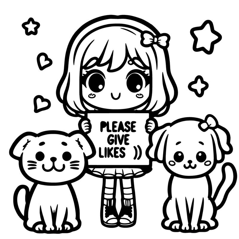 cute girl with cat ans dog holding a sighn "please give likes :)"