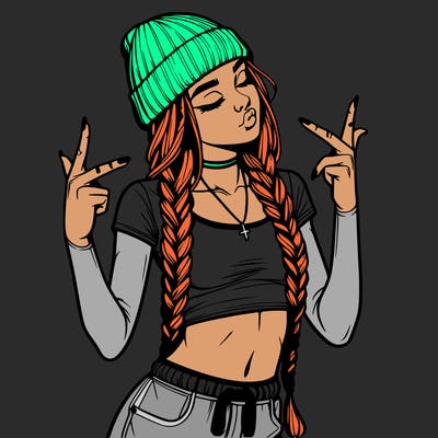 realistic teenage girl with braids and a beanie and crop top doing 🫶🏼