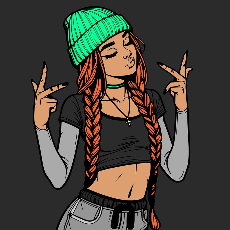 realistic teenage girl with braids and a beanie and crop top doing 🫶🏼