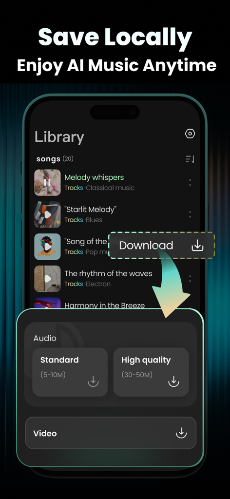 Interface do gerador de música Sonus AI mostrando opções para baixar músicas em qualidade padrão ou alta.