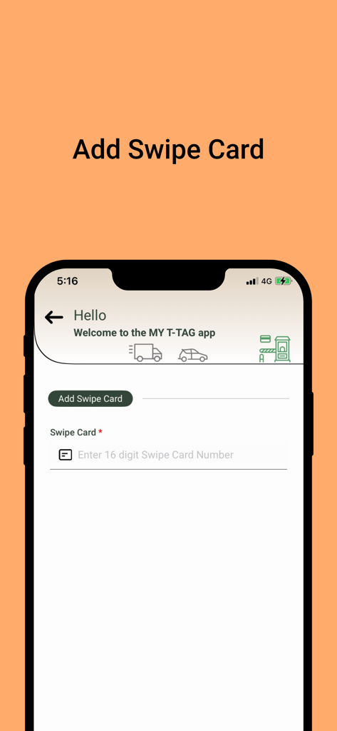 My T-tag - A mobile application screen for adding a swipe card to a toll account