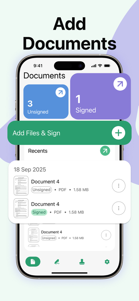 eSign: Fill & Sign Docs - Mobile app interface showing a documents dashboard with signed and unsigned files and an add button.