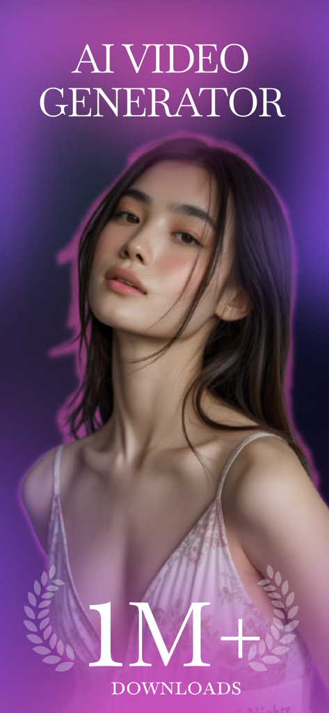 AI Video Generatorアプリ画面に、女性の映画のようなポートレートと100万ダウンロードのバッジが表示されています