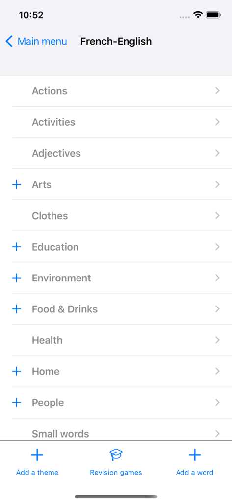 List of vocabulary categories and themes in the WordTheme app for language learning