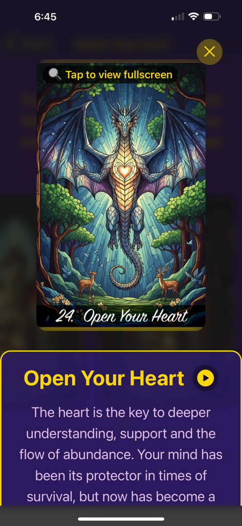 Golden Dragon Oracle Deck - Una carta de oráculo titulada 'Abre tu corazón' que presenta un dragón en un bosque con un corazón brillante del Golden Dragon Oracle Deck app.