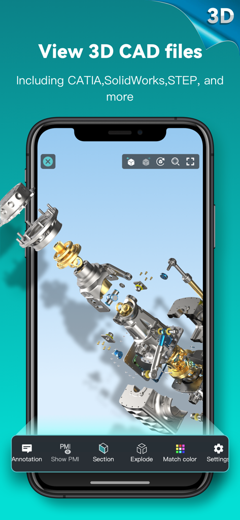 Schermo dello smartphone che mostra una vista esplosa 3D di un modello CAD meccanico in DWG FastView