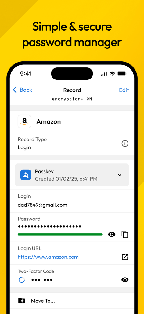 Keeper Password Manager - App Keeper Password Manager che mostra un record di accesso Amazon crittografato con campi per passkey e codice di autenticazione a due fattori